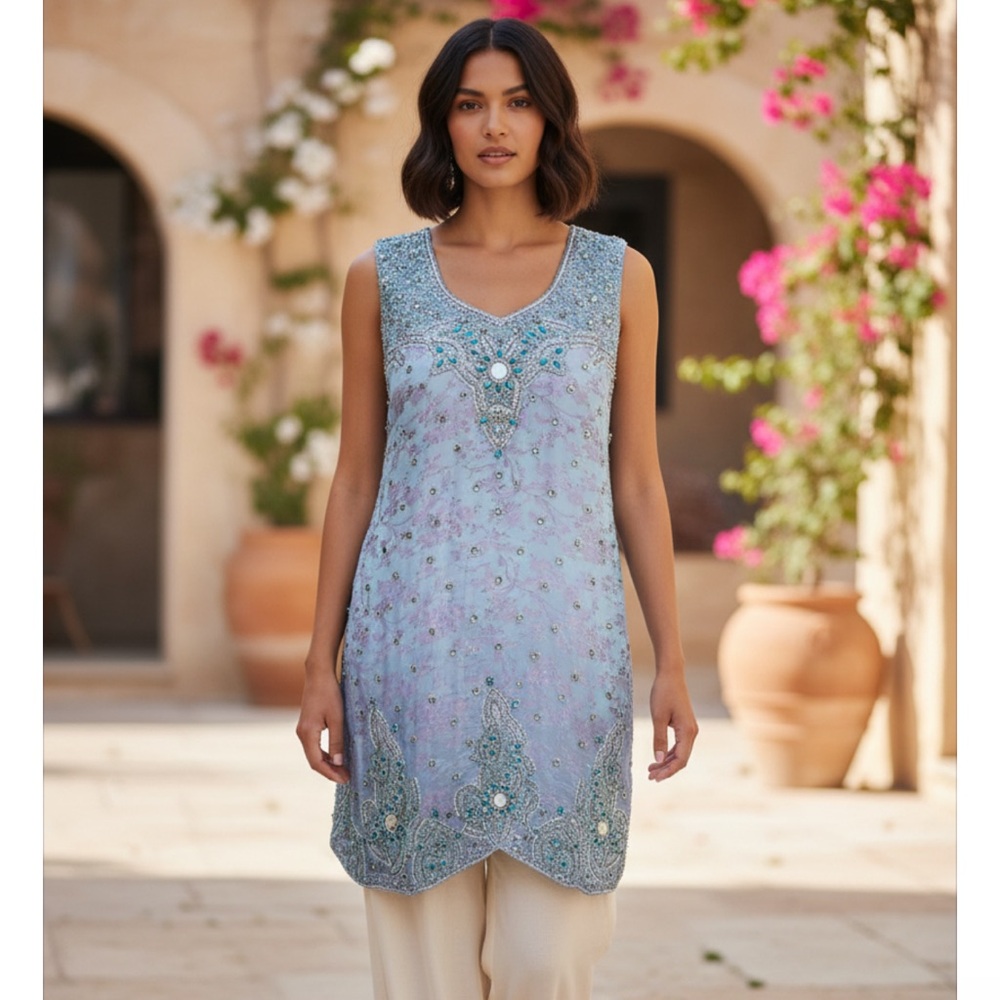 Fully beaded embroidered‎ Indian light blue cover up dress sheer women's